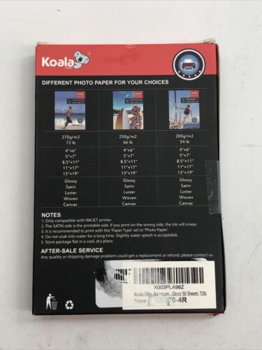 Koala Ultra Premium Satin Photo Paper 4x6 72lb Semi Gloss 50 Sheets Inkjet Epson