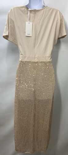 Grace Karin Beige Sequin Cocktail Party Midi Dress Tie Waist Side Slit Size L