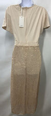 Grace Karin Beige Sequin Cocktail Party Midi Dress Tie Waist Side Slit Size L