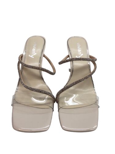 vivianly Womens Square Toe Clear Rhinestone Strappy Heeled Sandals Size 7 Cream