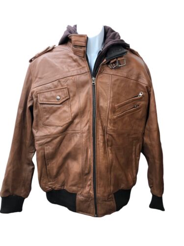 Mens Genuine Black Hooded Bomber Leather Jacket | Real Lambskin Waxed Brown Leat