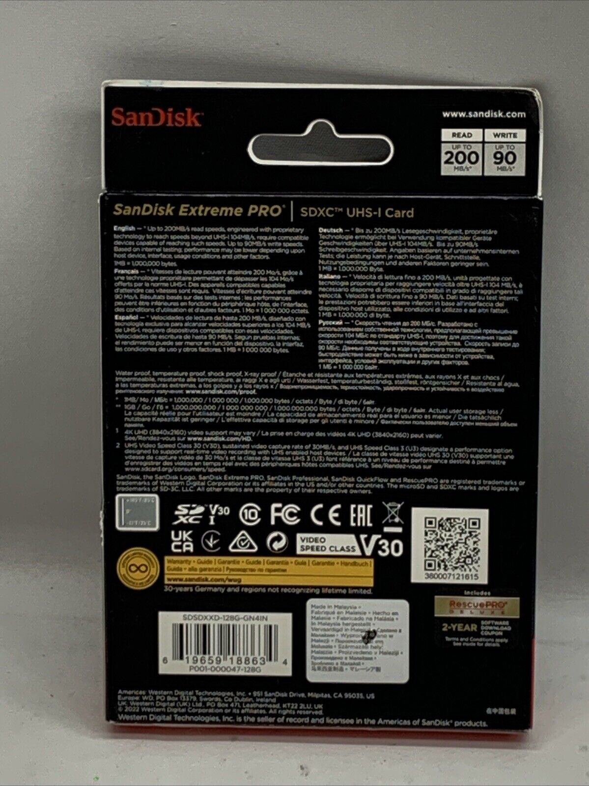 SanDisk Extreme PRO 128GB UHS-I U3 SDXC 200MB/s 4K Memory Card SDSDXXD-128G