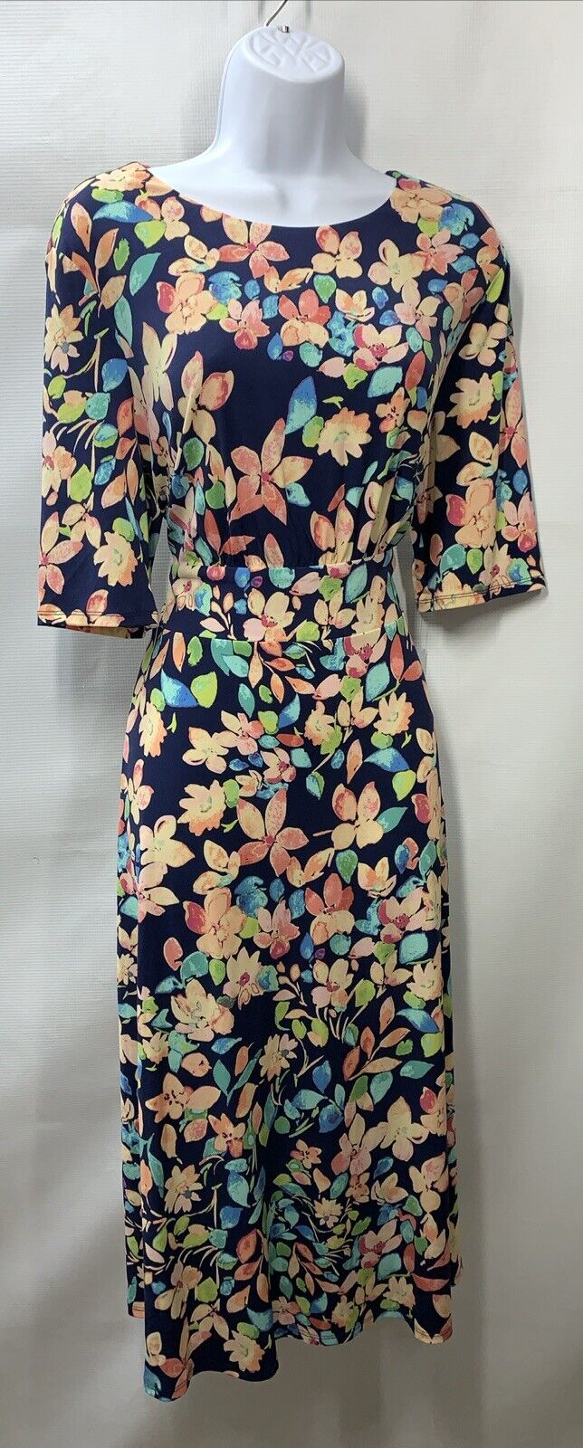 London Times Women's Inset Waist Midi Dress Navy Melon Casual Size 14 Floral