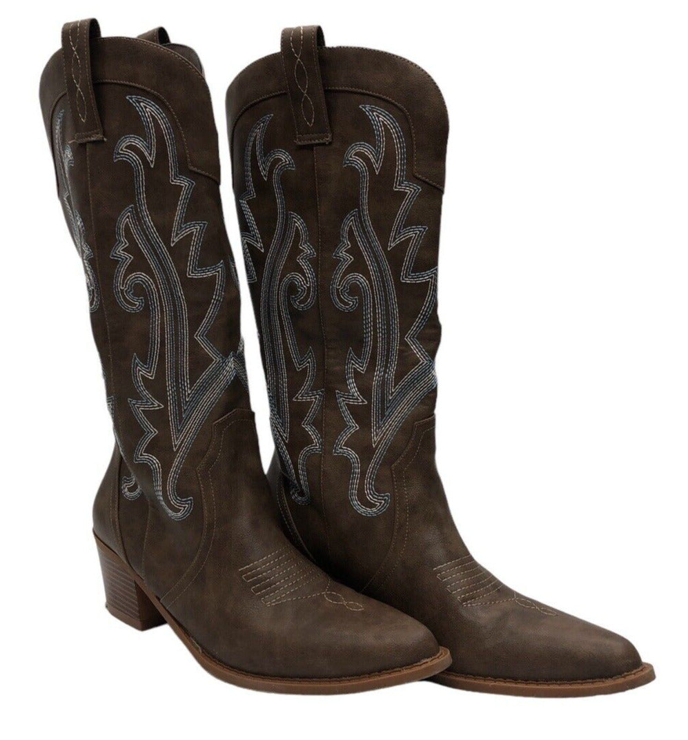 Women's Western Cowboy Boots Pull On Mid Calf Embroidered Chunky Heel Boots US 9