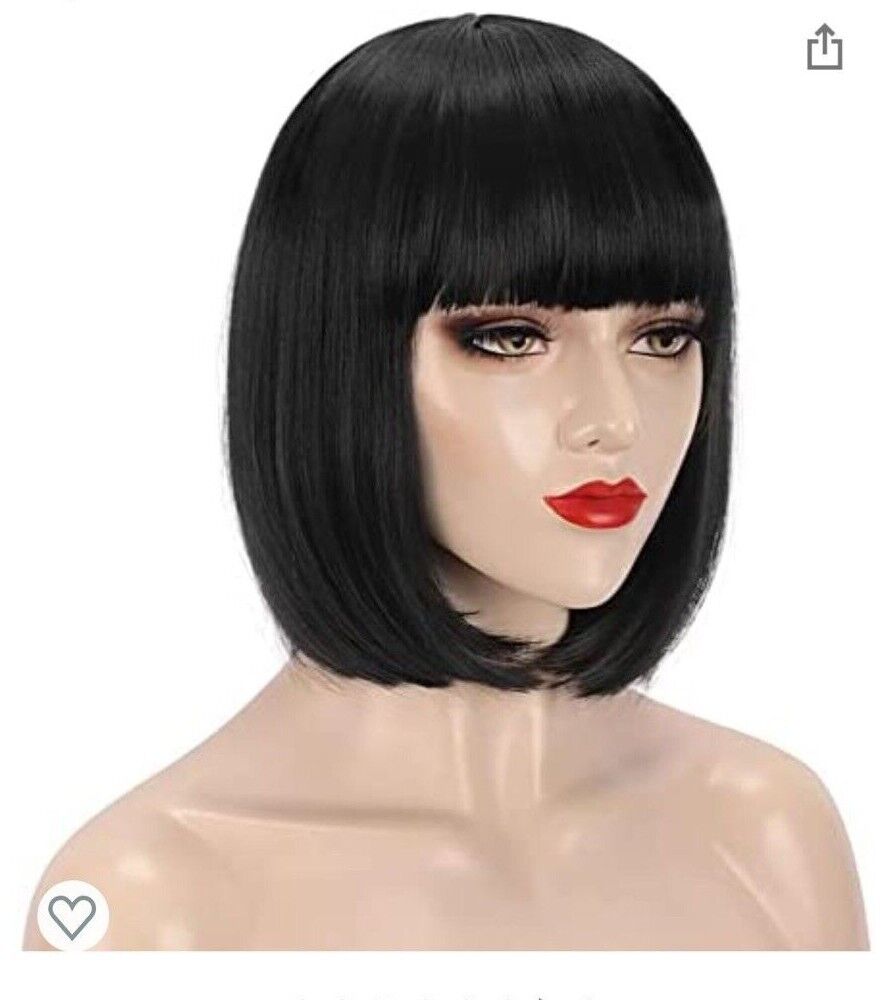 Black Short Bob Wig Straight Black Bob Wig with bangs, 12 inch Straight Bob Bang