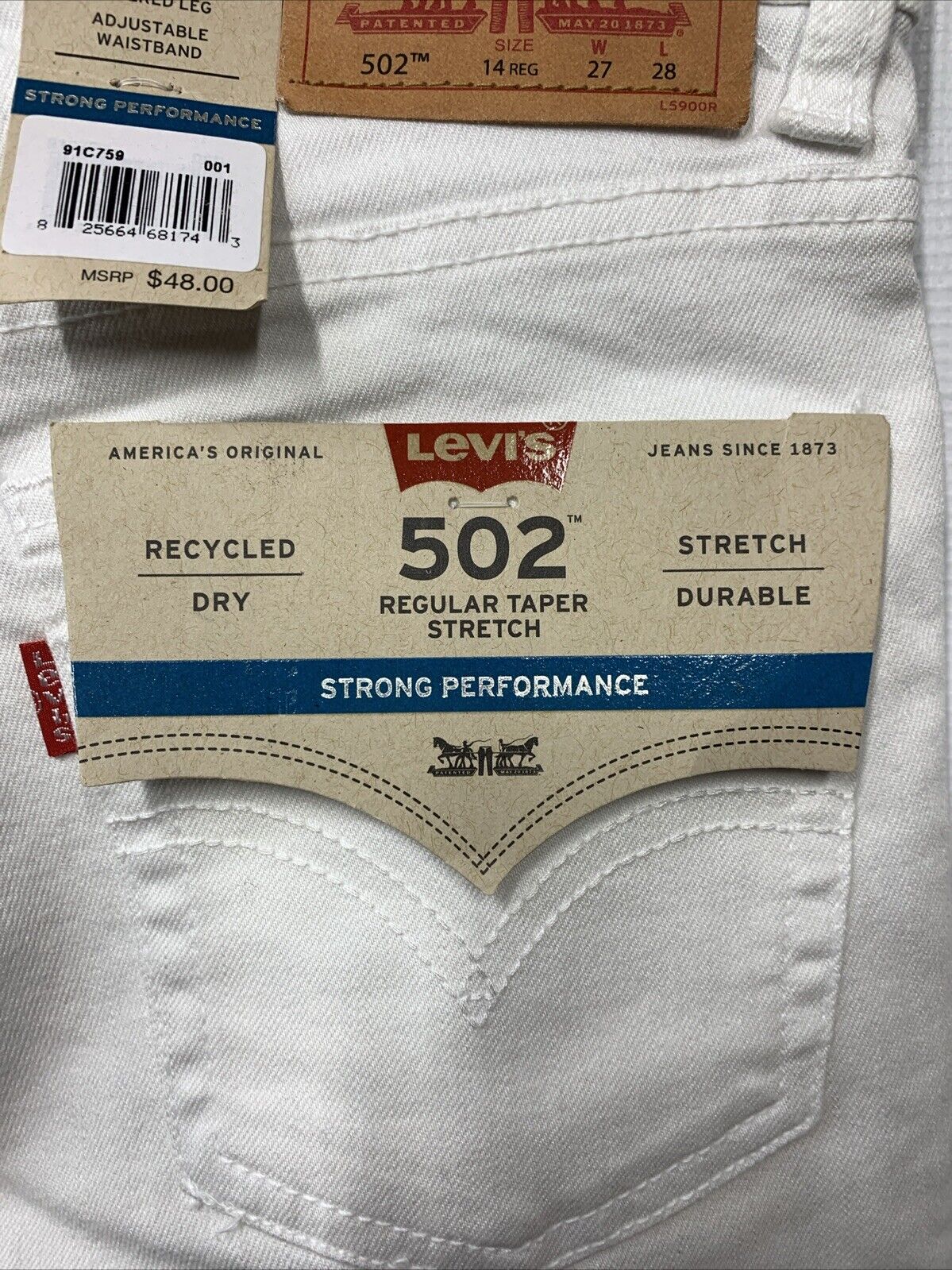 Levi's Boys' 502 Regular Taper Fit Performance Jeans White Long Pants Size 27x29