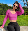 OQQ Women's 2 Piece Crop Tops Long Sleeve Square Neck Stretch Fitted Ribbed