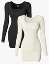 OQQ 2 Piece Dresses Sexy Ribbed Long Sleeve Square Neck Tops Mini Dress - Size S