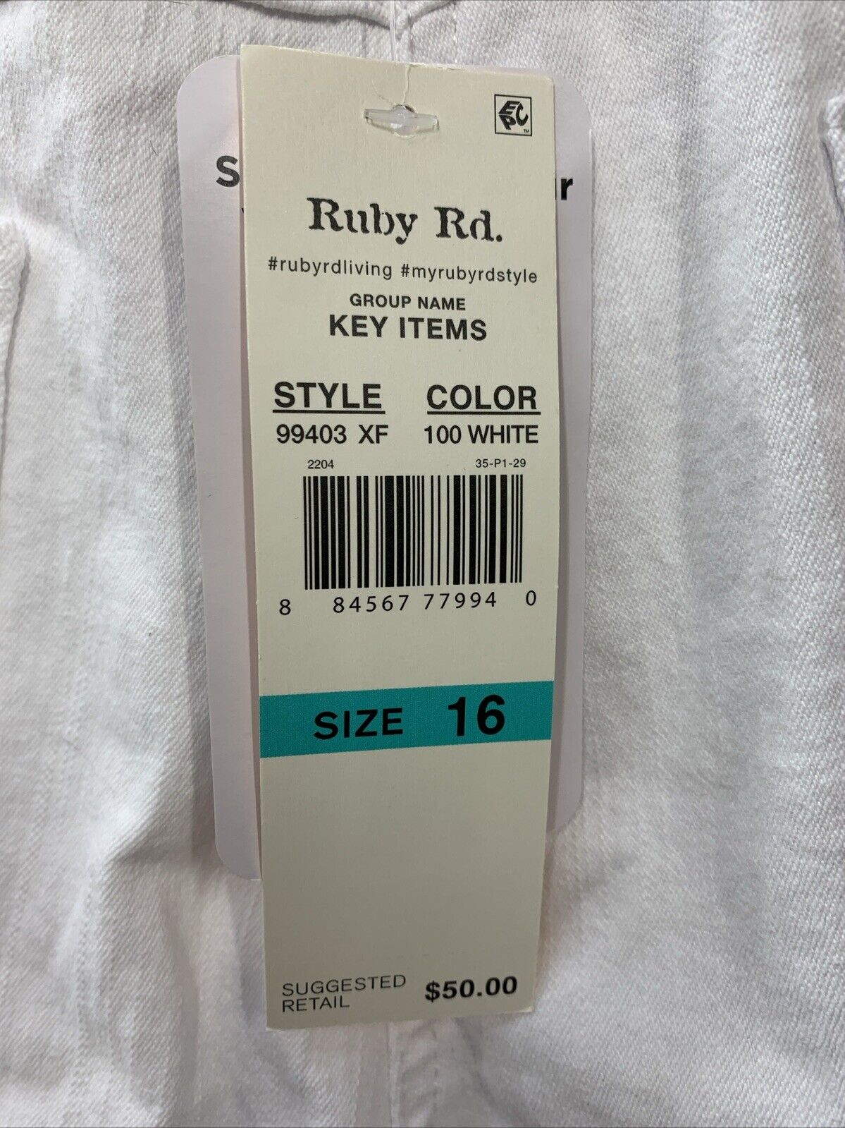 Ruby Rd. Key Item Stretch Denim Long Pants 99403-XF Size 16 White with Pockets