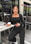 OQQ Women Yoga Jumpsuits Ribbed Exercise Long Sleeve Bell Bottom Size Med Black