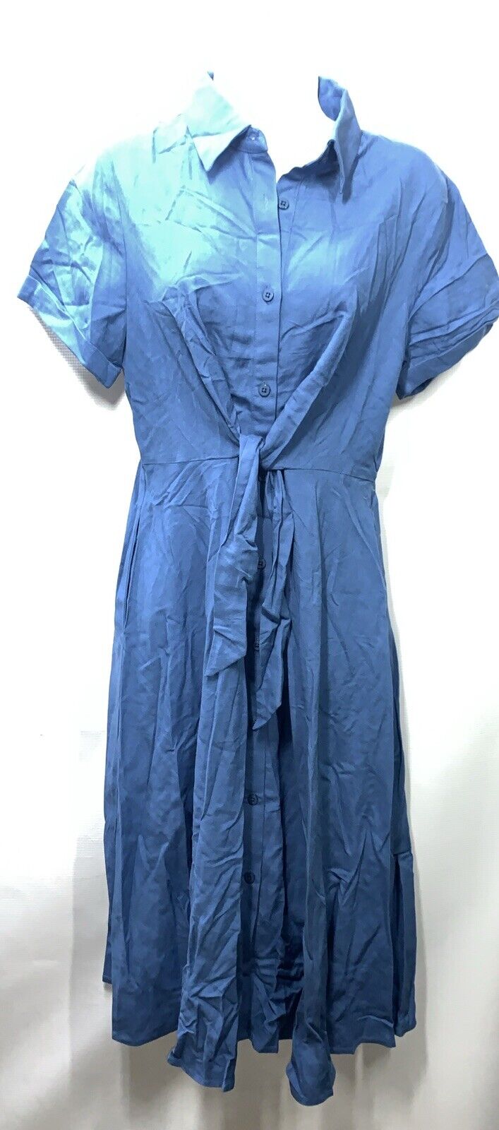 GRACE KARIN Linen Dress Tie Front Button Up Blue Medium Collared SHort Sleeve