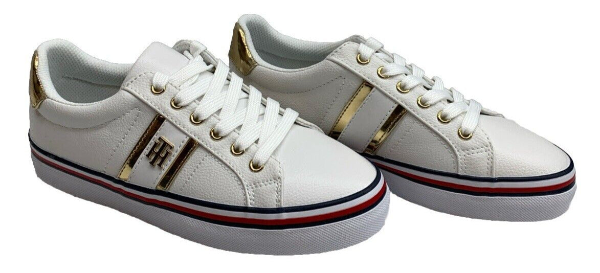 Tommy Hilfiger Fentil White Gold Embellished Sneaker Size 6M Lace-up Shoe Casual