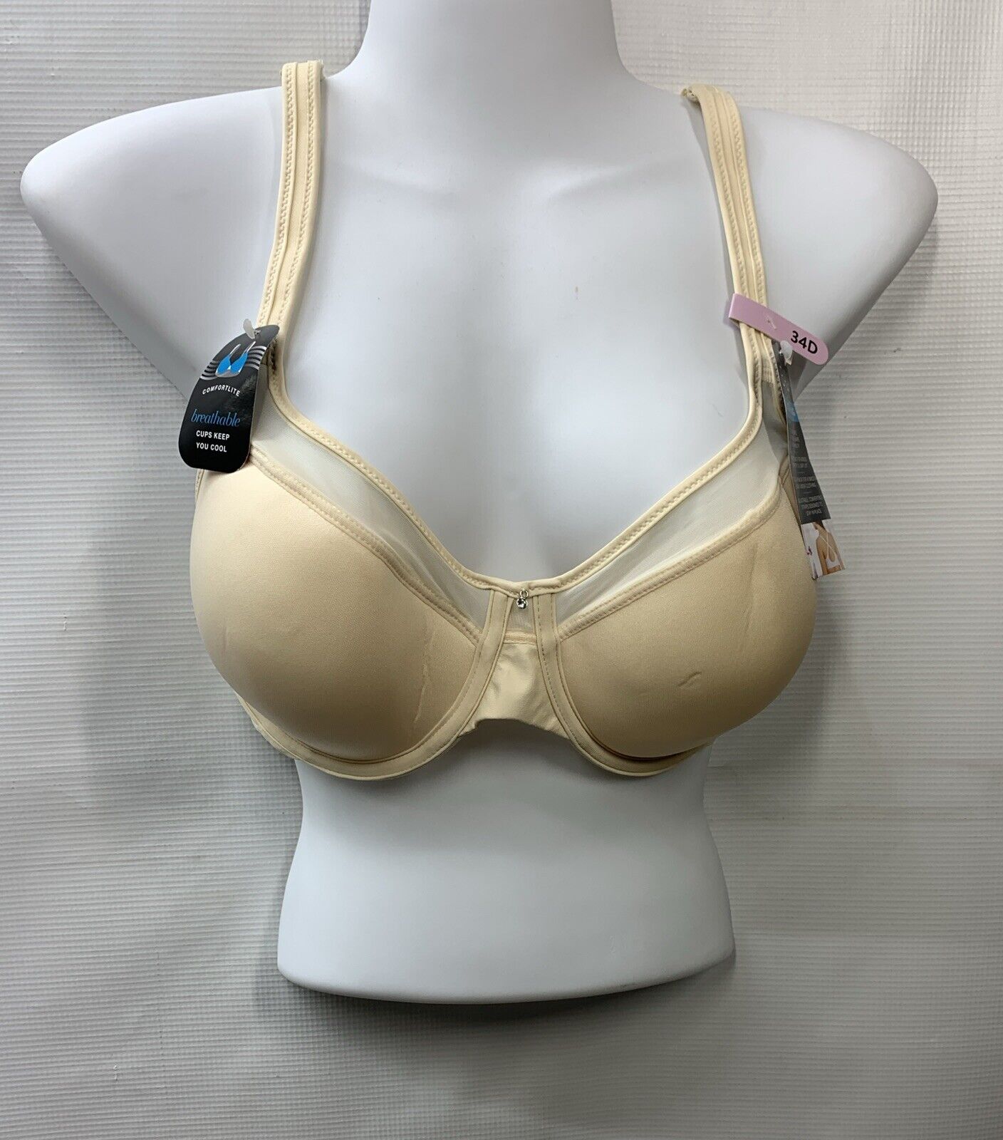 Bali 3439 One Smooth U Ultra Lite Neckline Bra Lightweight 34D Cream Underwire