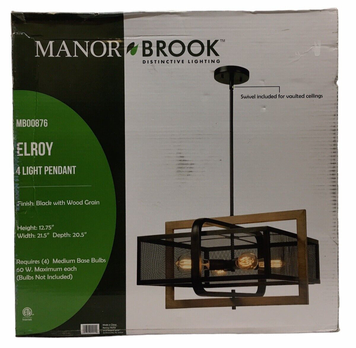 Manor Brook Elroy MB00876 4-Light Black and Wood Grain Pendant 12.75