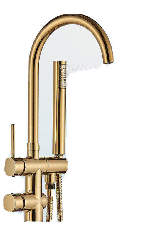 Floor Mount Free Standing Bathtub Faucet Gold Tub Filler Mixer with Hand Shower