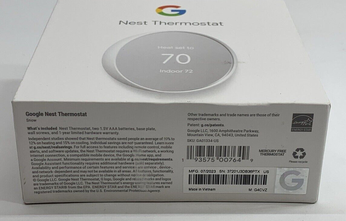 Google Nest Home Thermostat Programmable Smart WiFi G4CVZ Snow GA01334-US White