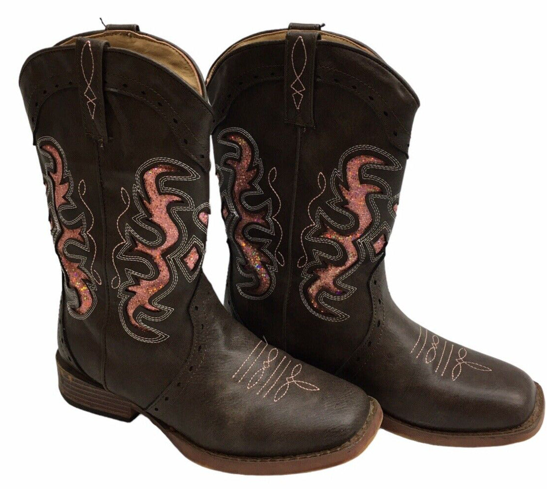 Roper Lexi Rhinestone Square Toe Cowboy  Youth Girls Brown Casual Boots Size 3