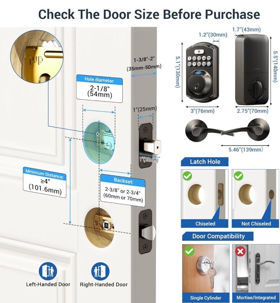 Veise Fingerprint Keyless Entry Door Lock with 2 Lever Handles KS02B Matte Black