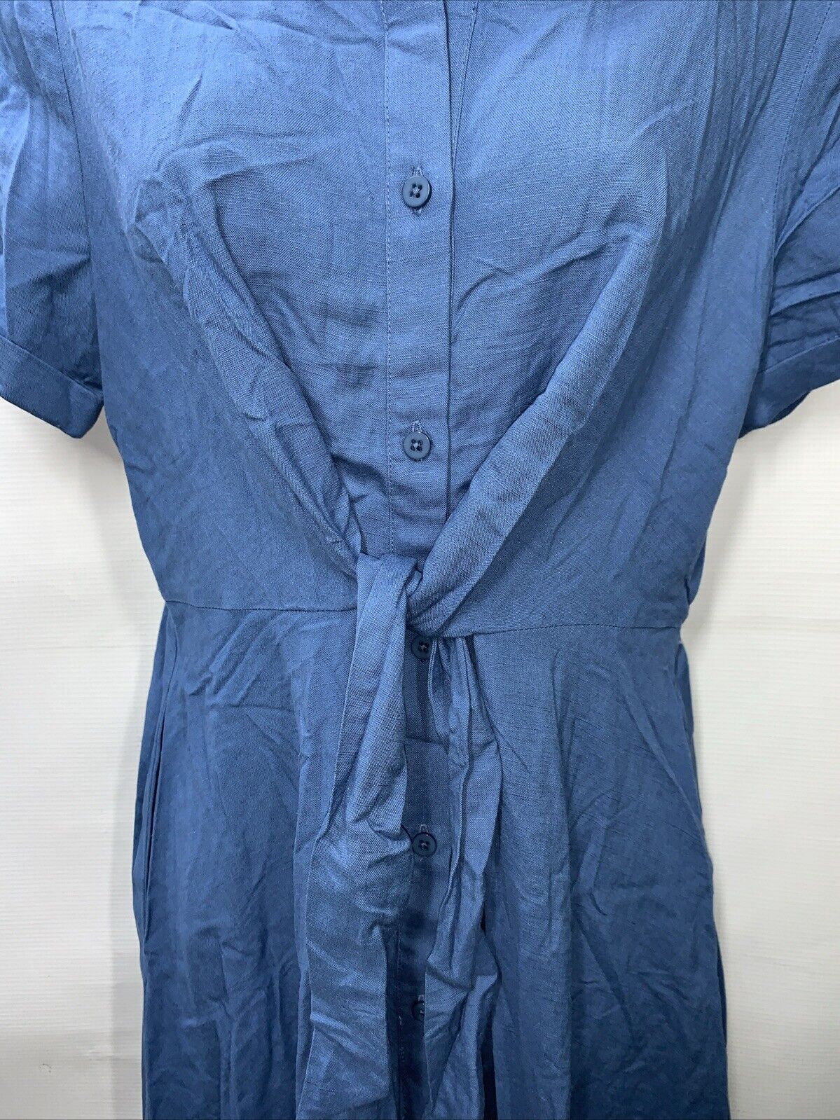 GRACE KARIN Linen Dress Tie Front Button Up Blue Medium Collared SHort Sleeve