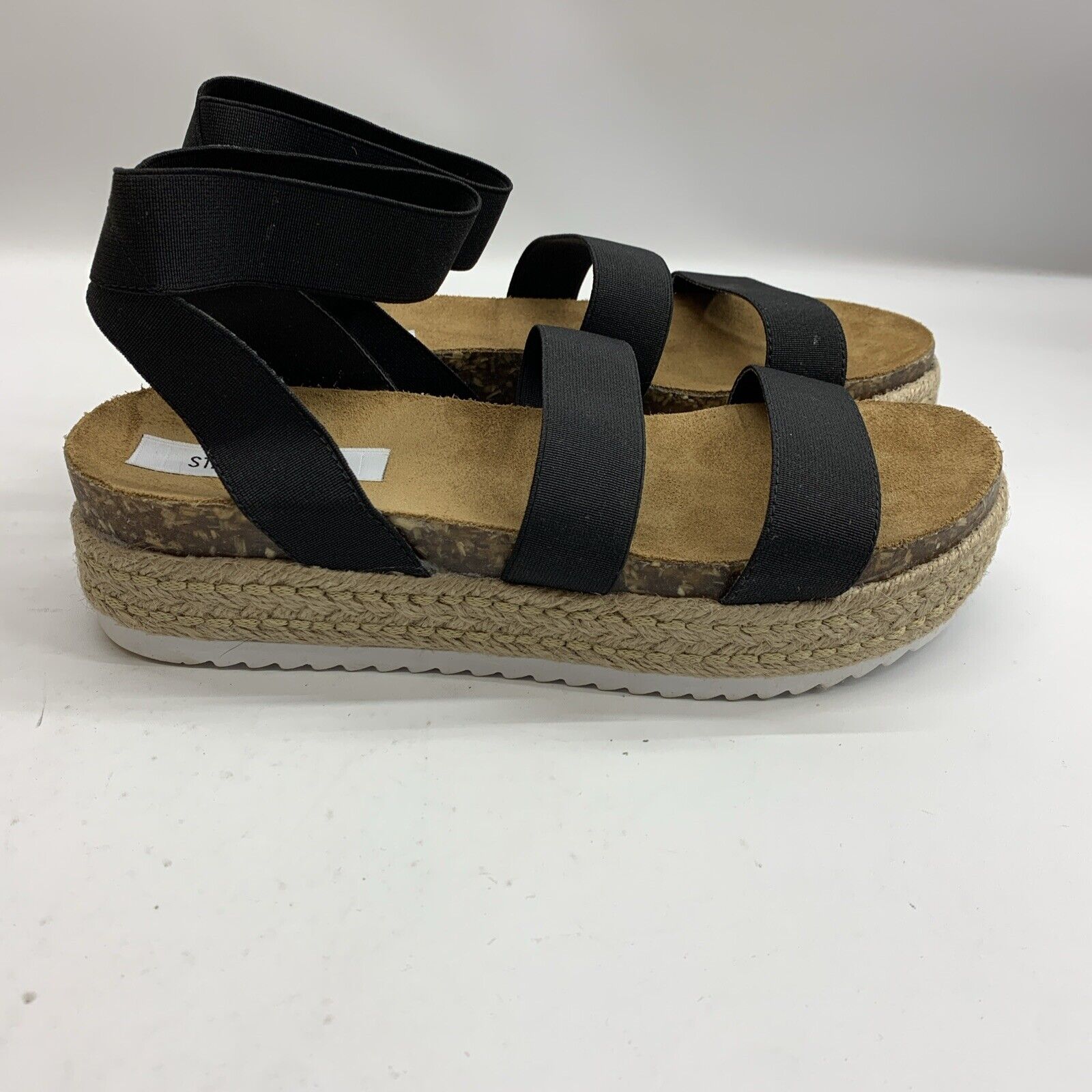 Steve Madden Sandals Womens 10 Bandi Strappy Ankle Strap Wedge Heel Black Fabric