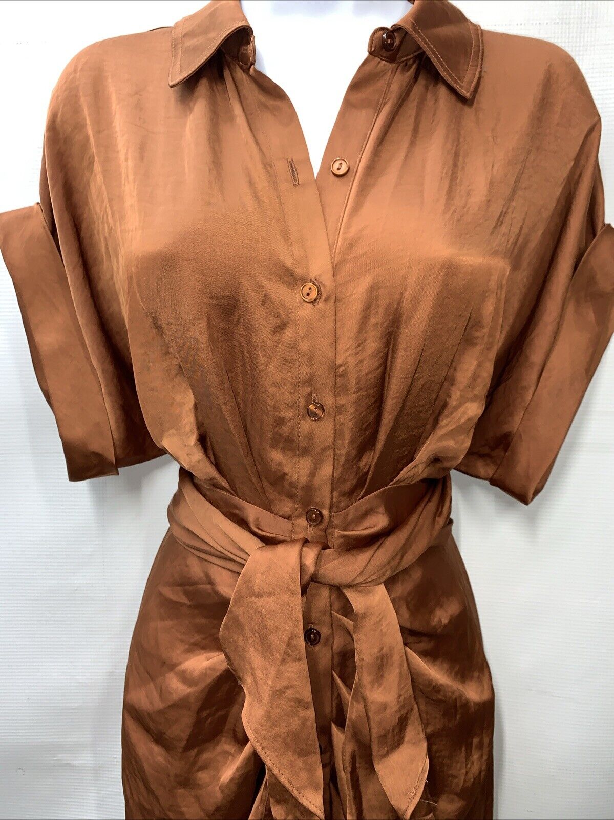 Steve Madden Tori Satin Shirt Dress Women's Size 6 Sienna Rouched Short Sleeves