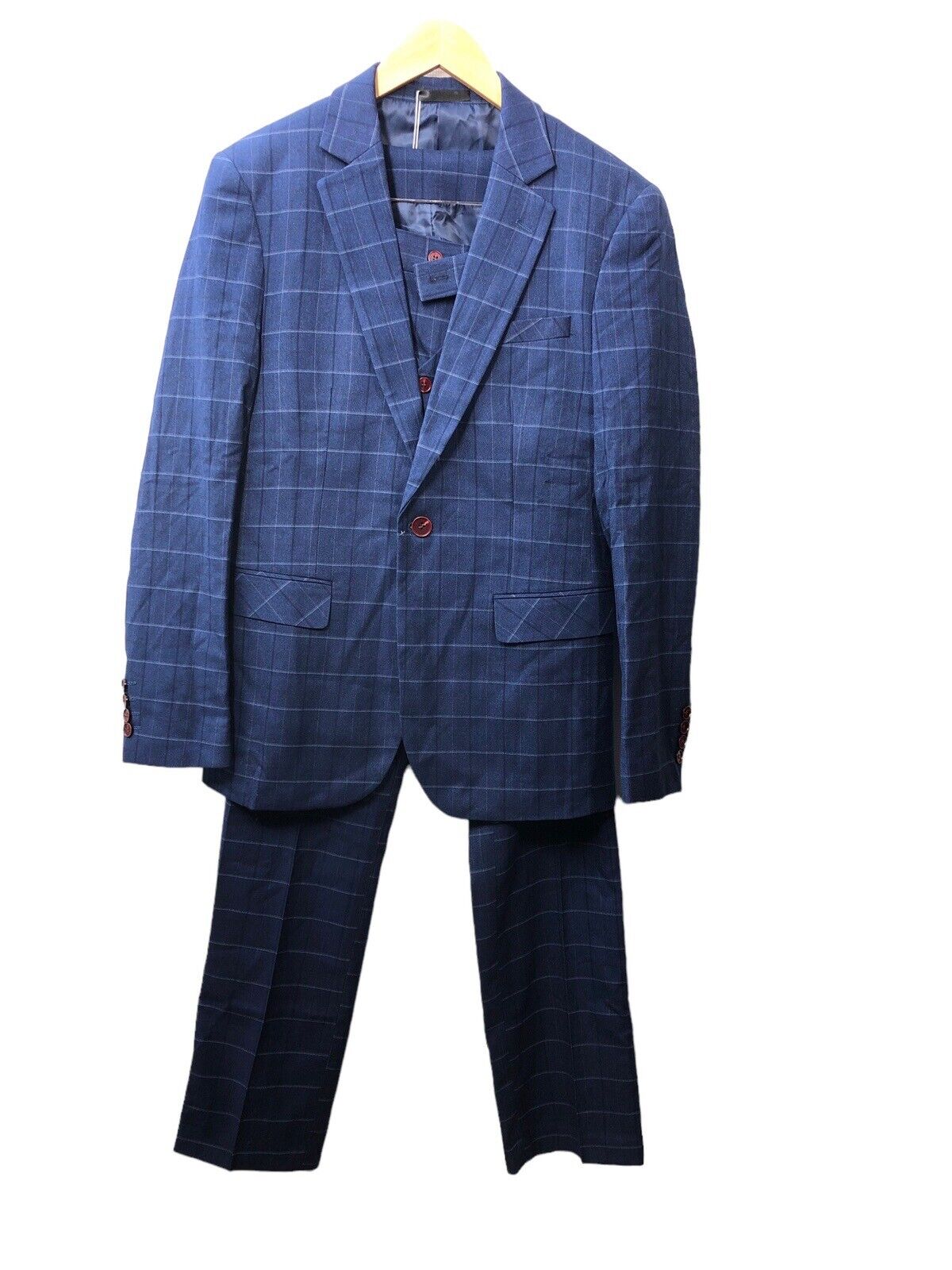 MOGU Mens 3 Piece Slim Fit Formal Plaid Suit Blue 34 One Button Blazer Jacket