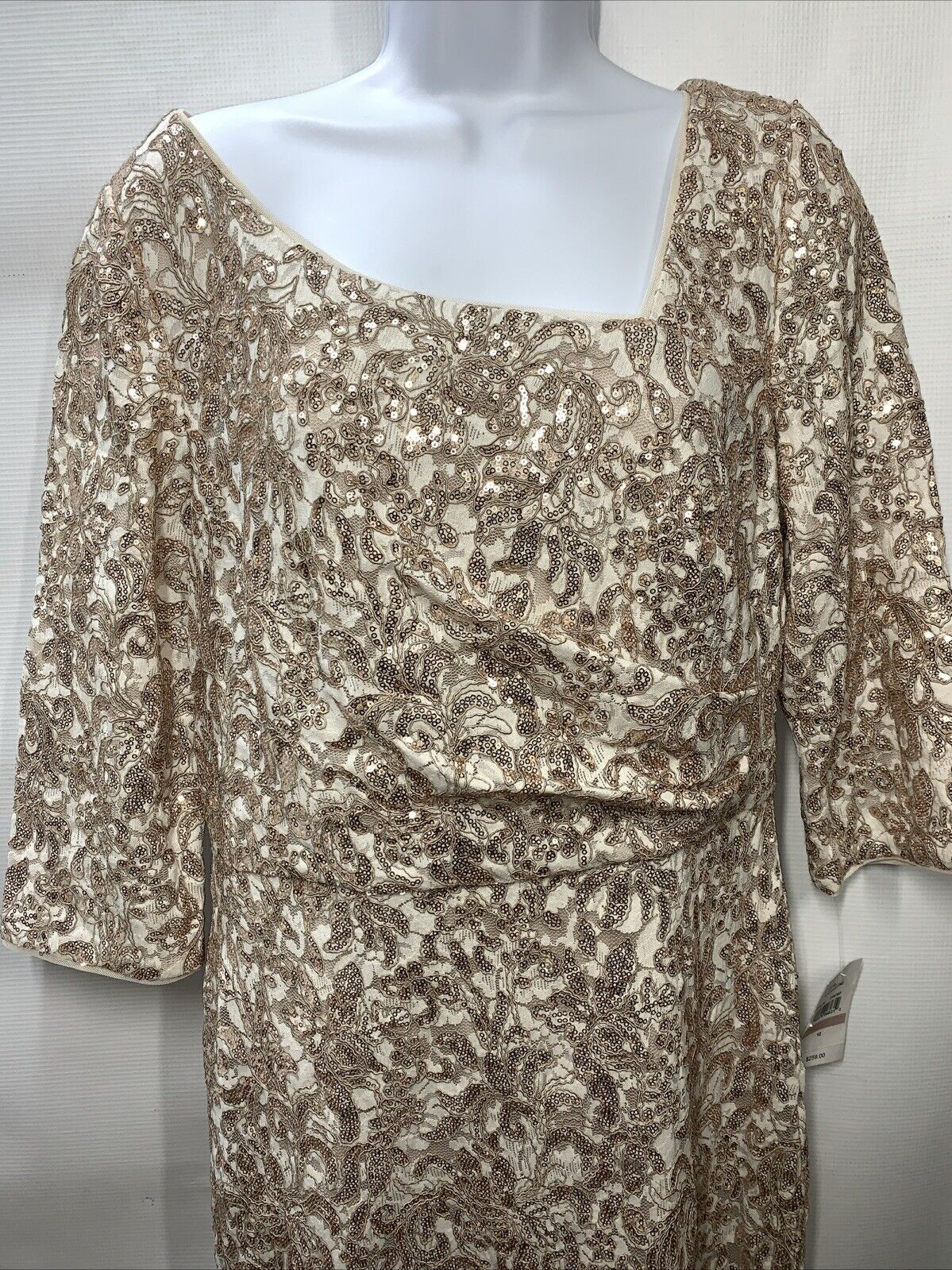 Alex Evenings Women's Long Sequin Dresses Fit & Flare ¾ Sleeves Ivory Size 12