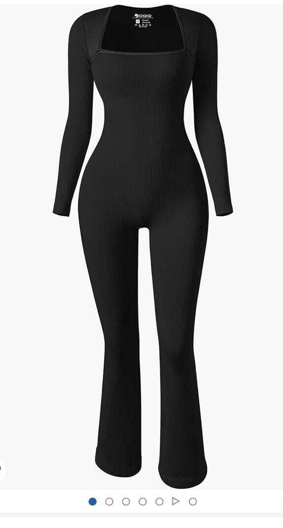 OQQ Women Yoga Jumpsuits Ribbed Exercise Long Sleeve Bell Bottom Size Med Black