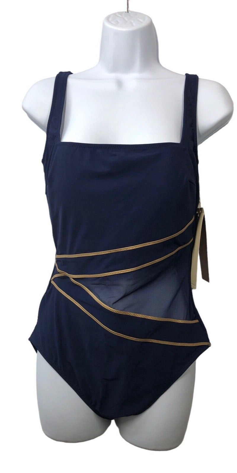 Gottex Womens Standard Onyx Stripe Square Neck One Piece Swimsuit Navy Gold - 12