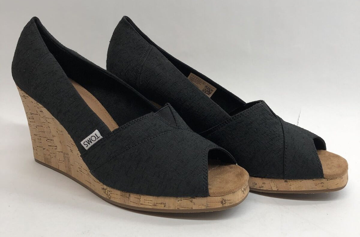 Toms Classic Wedge Womens Wedge Sandal 11W Slip-on Black High Heeled Peep toe