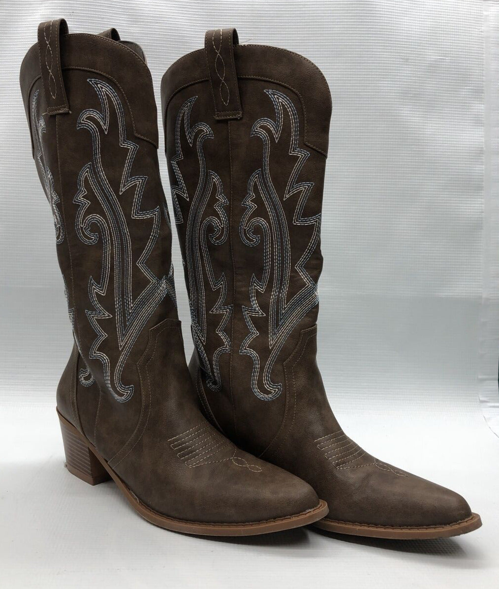 Women's Western Cowboy Boots Pull On Mid Calf Embroidered Chunky Heel Boots US 9