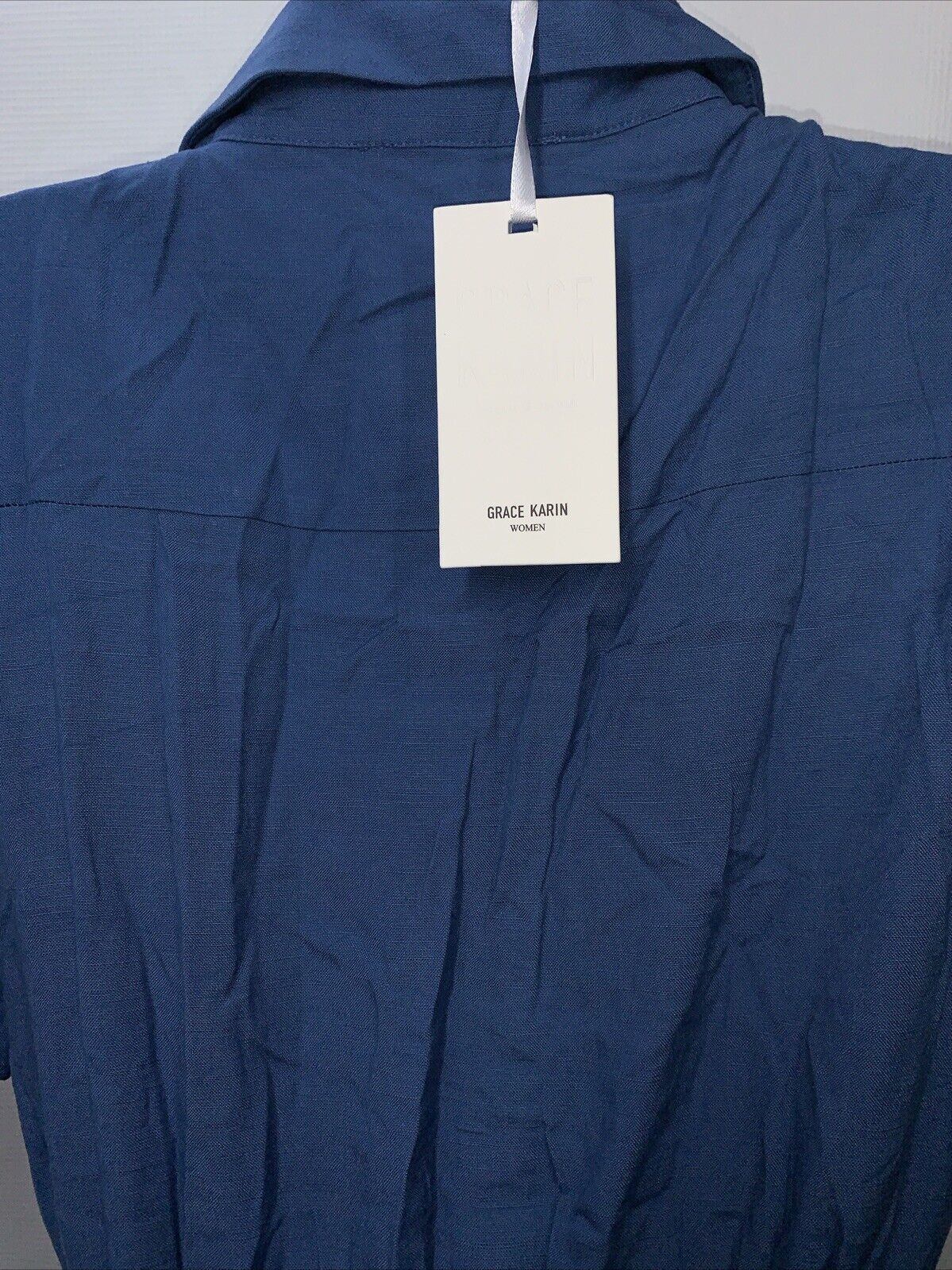 GRACE KARIN Linen Dress Tie Front Button Up Blue Medium Collared SHort Sleeve