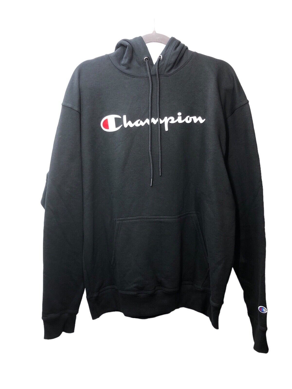 Champion Mens Powerblend Long Sleeve Pullover Logo Hoodie GF89H Black Large