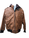 Mens Genuine Black Hooded Bomber Leather Jacket | Real Lambskin Waxed Brown Leat