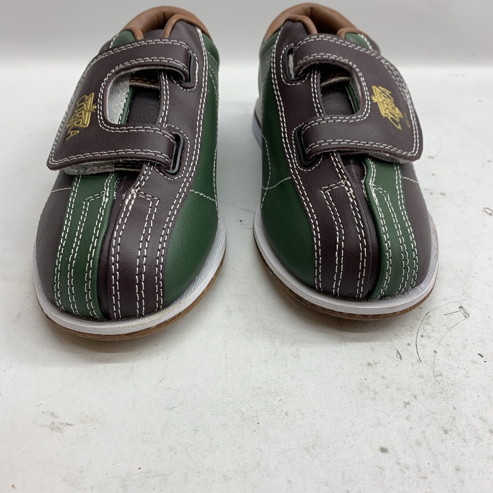 Cobra TCR-3V Brown/Green V-Strap Kids Bowling Rental Shoes Size 4.5/6 Hook/Loop