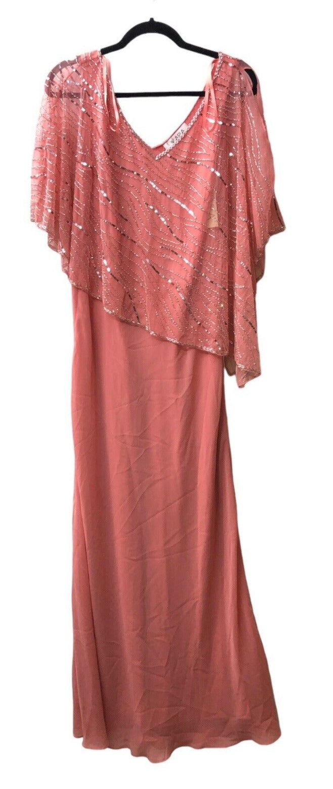 J Kara Women's Capelet Occasion Beaded Dress Coral Pink Size 10 V-Neck Pull On