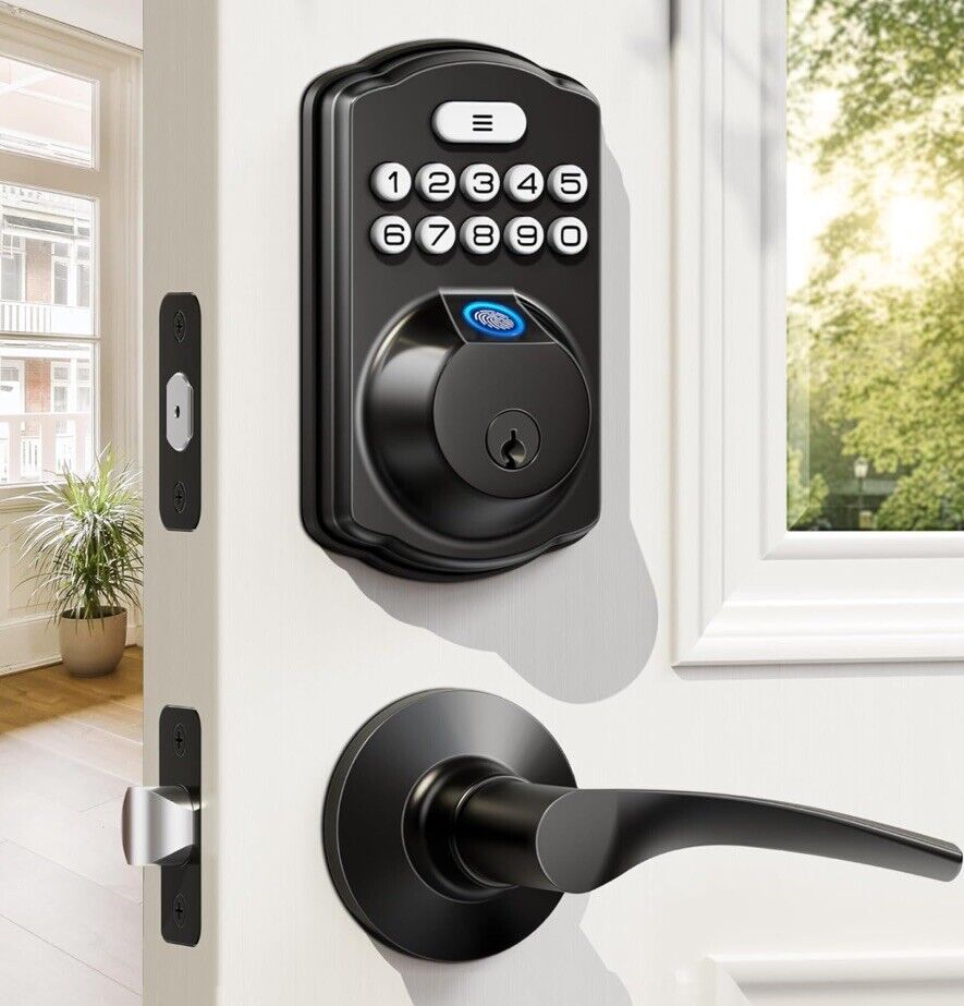 Veise Fingerprint Keyless Entry Door Lock with 2 Lever Handles KS02B Matte Black