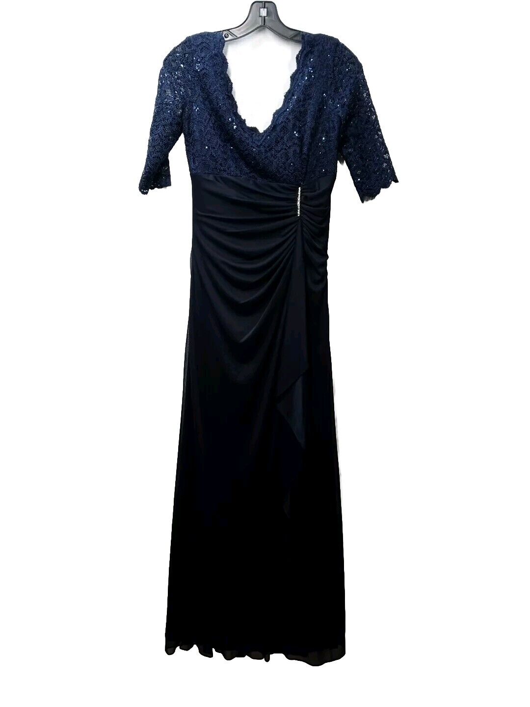 Betsy & Adam Long V-Neck Lace & Sheer Matte Jersey Gown Size 4 Navy Blue A23757