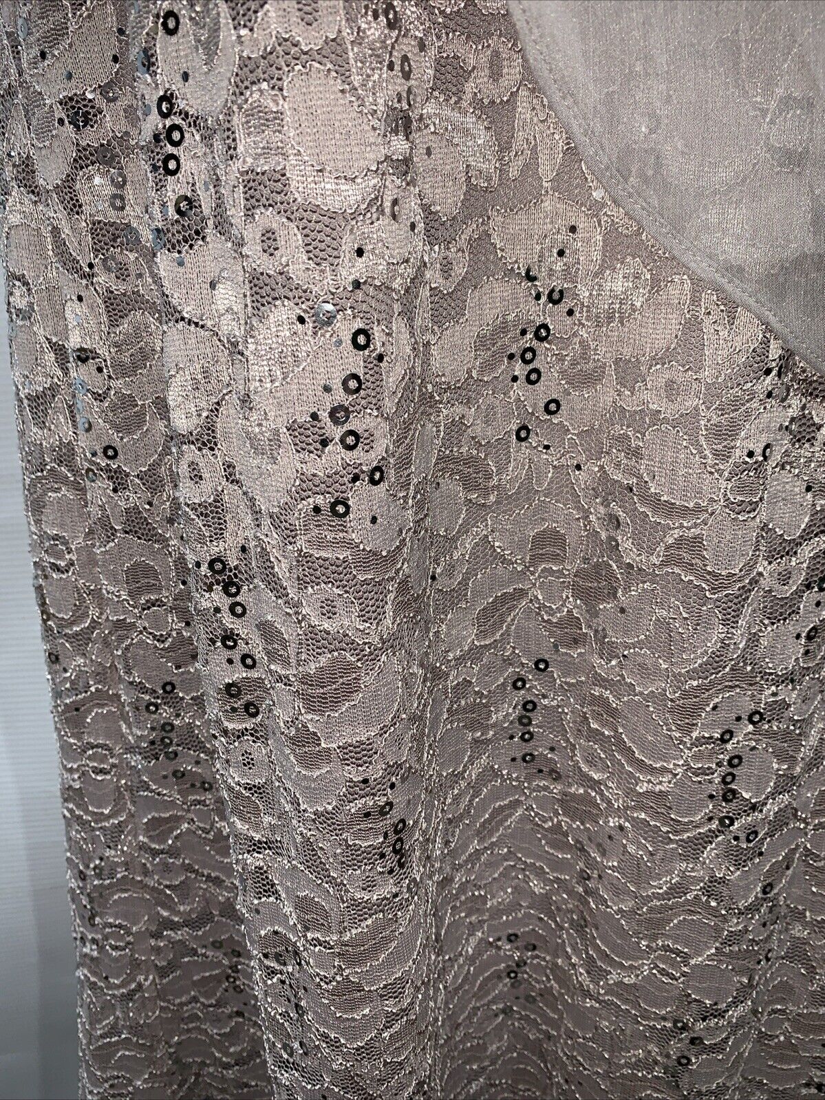 S.L. Fashions Long Length Sequin Lace Beaded Capelet Dress Buff 9113121 Size 12