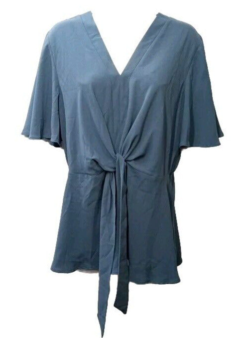 Grace Karin Womens Peplum V Neck Top With Tie Front Size Large Blue Short Sleeve