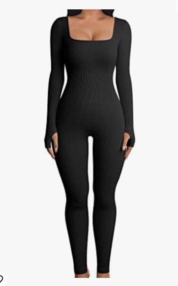 OQQ Women Yoga Rompers Ribbed Workout Long Sleeve SquareNeck Exercise Jumpsuit L