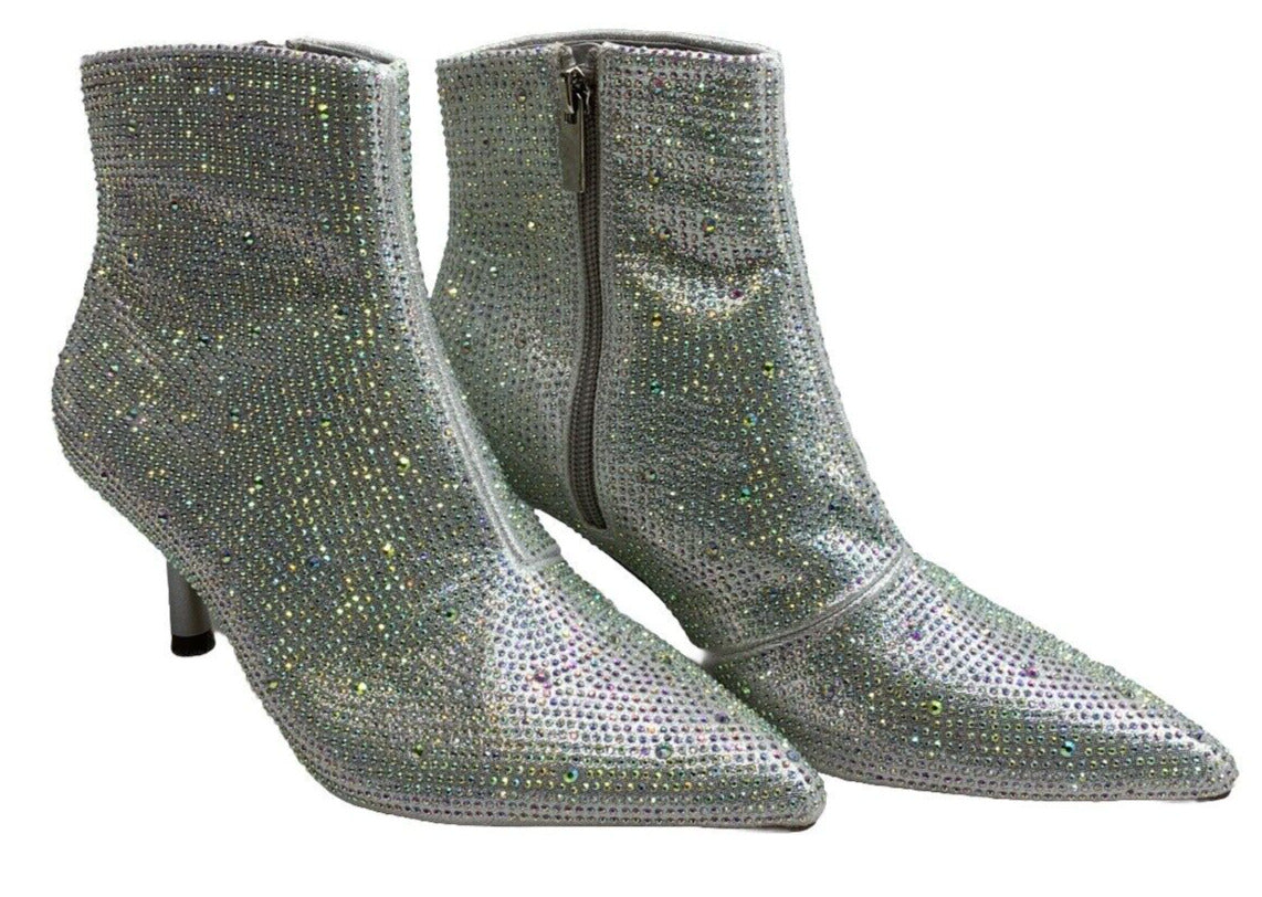 Jeweled Rhinestone Crystal Ankle Boot Booties Pointed Toe Block Heel Sz 7 Silver