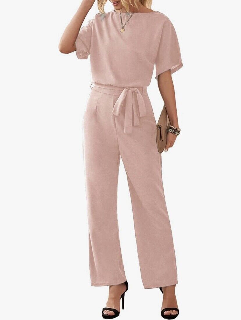 YIJIU Women’s Casual Crew Neck Short Sleeve Belted Jumpsuit Romper Size Small